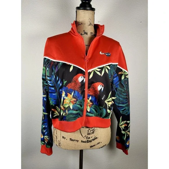 Nike Sportswear Jacket Womens Large Red Tropical Full Zip Lightweight Cropped - Picture 2 of 11